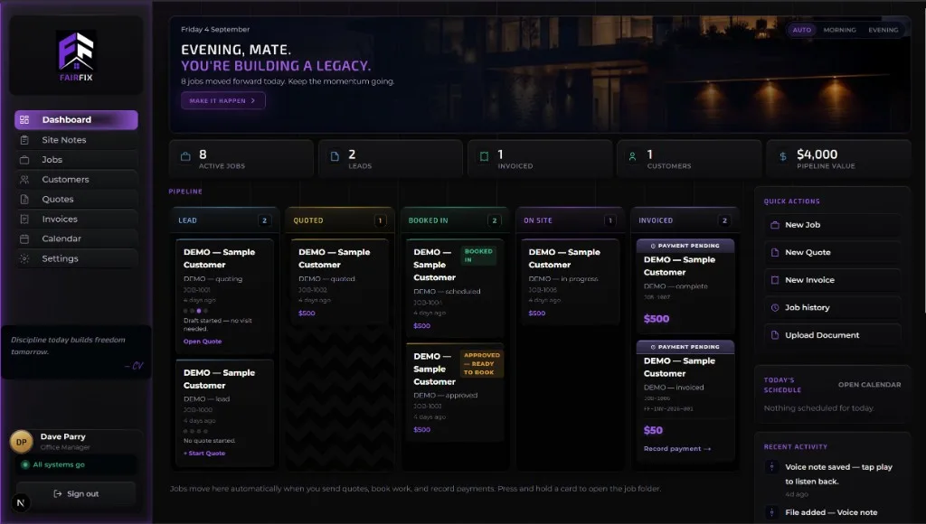 Trade OS dashboard built for Fairfix
